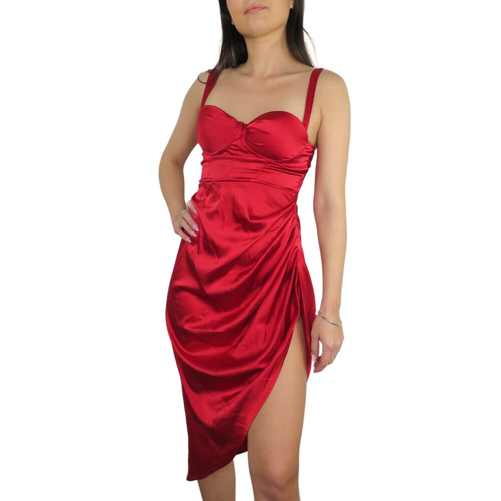 Shein Sexy Red Satin Spaghetti Strap Midi Dress with Side Slit Extra Small
